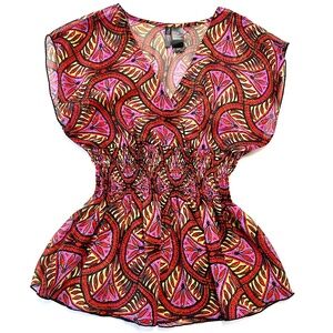 Bisou Bisou Floral V-Neck Blouse Women’s Size Medium Smocked Waist Capped Sleeve